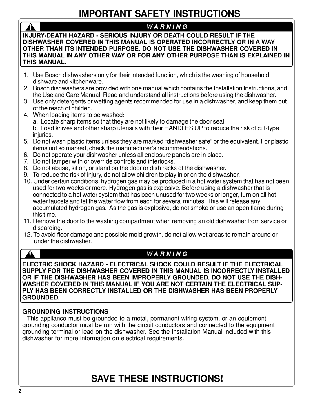 Bosch Appliances SHU42L manual Important Safety Instructions, Save These Instructions, W A R N I N G 