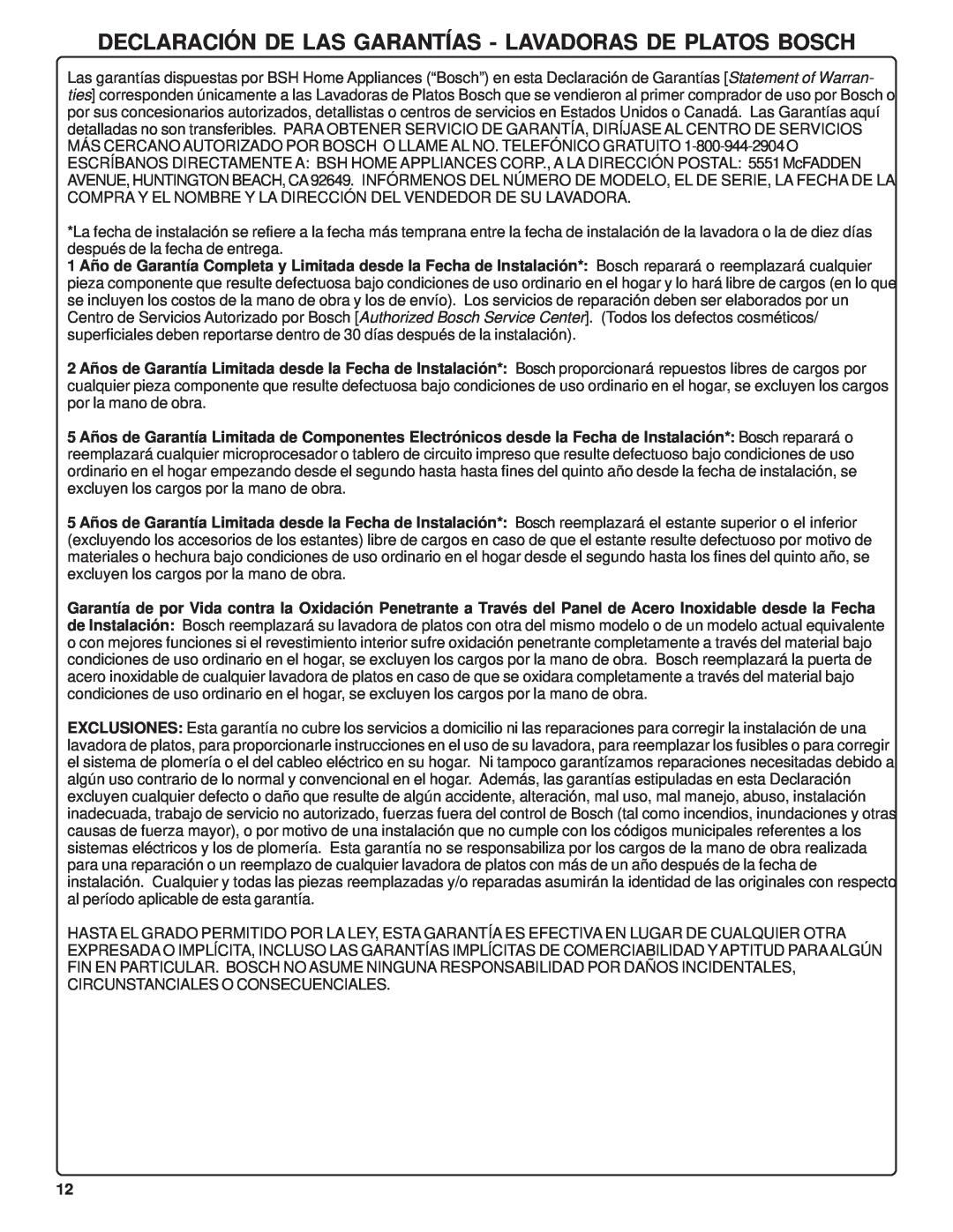 Bosch Appliances SHU42L manual Declaración De Las Garantías - Lavadoras De Platos Bosch 