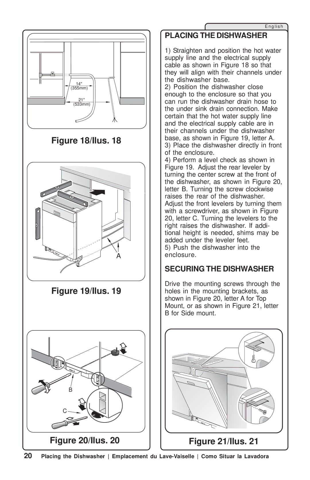 Bosch Appliances SHU66E, SHU53E, SHY99A, SHX99B SHY56A, SHV99A SHX33A Placing the Dishwasher, Securing the Dishwasher 