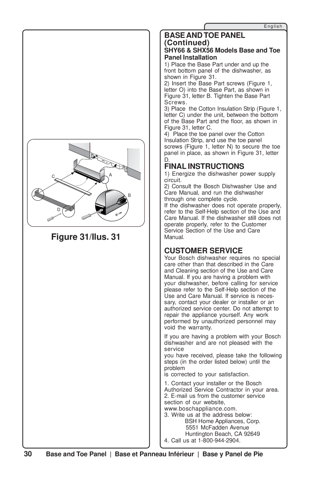 Bosch Appliances SHU66E, SHU53E, SHY99A, SHX99B SHY56A Base and TOE Panel, Final Instructions, Customer Service 