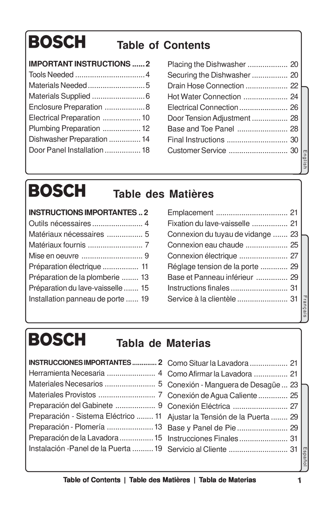 Bosch Appliances SHY99A, SHU53E Important Instructions, Instructions Importantes, Table of Contents, Table des Matières 