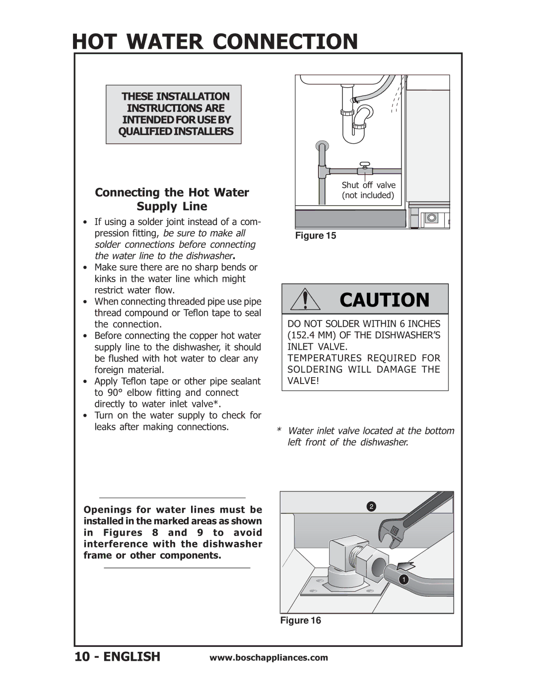 Bosch Appliances SHV56A, SHU6E, SHU53, SHU43E HOT Water Connection, Connecting the Hot Water Supply Line 