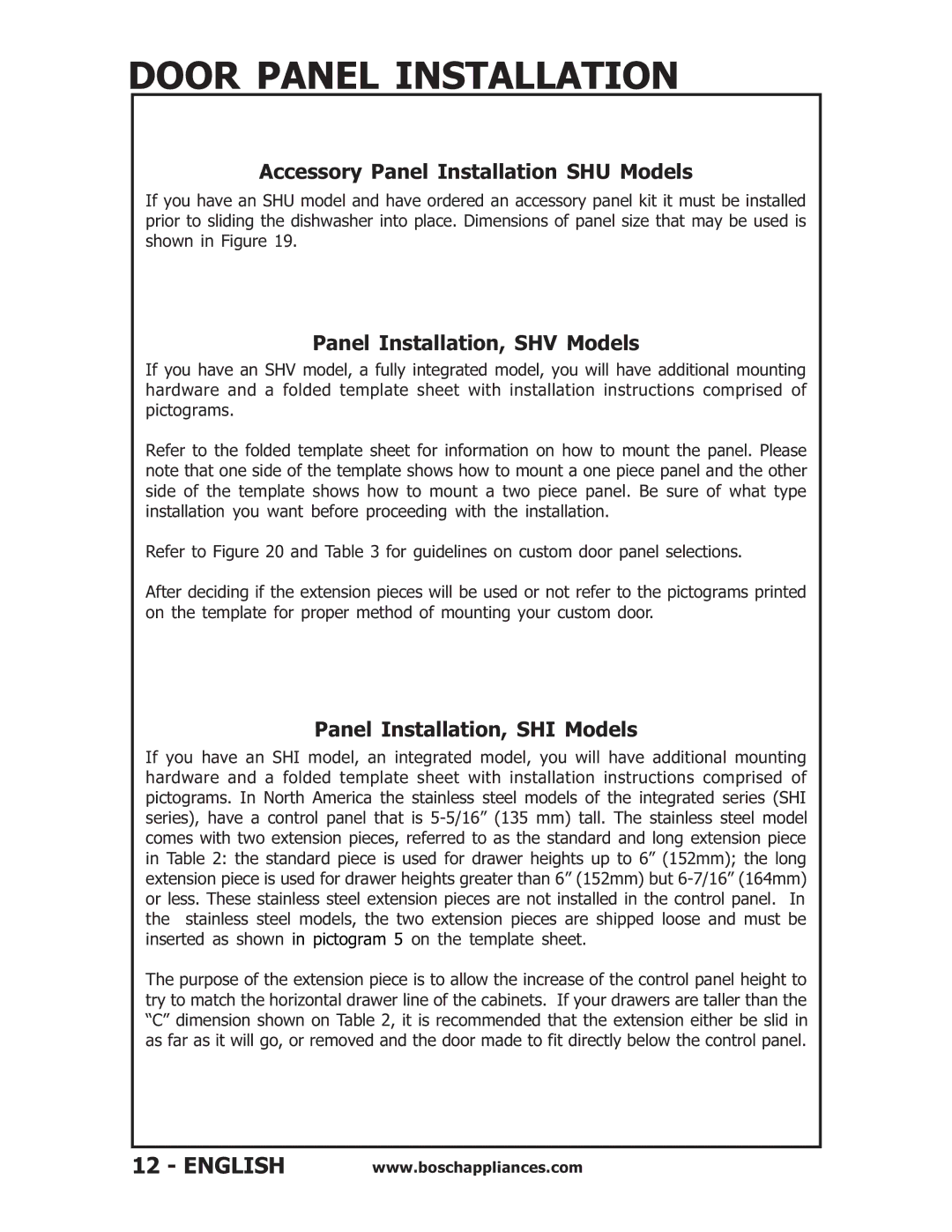 Bosch Appliances SHU53 Door Panel Installation, Accessory Panel Installation SHU Models, Panel Installation, SHV Models 