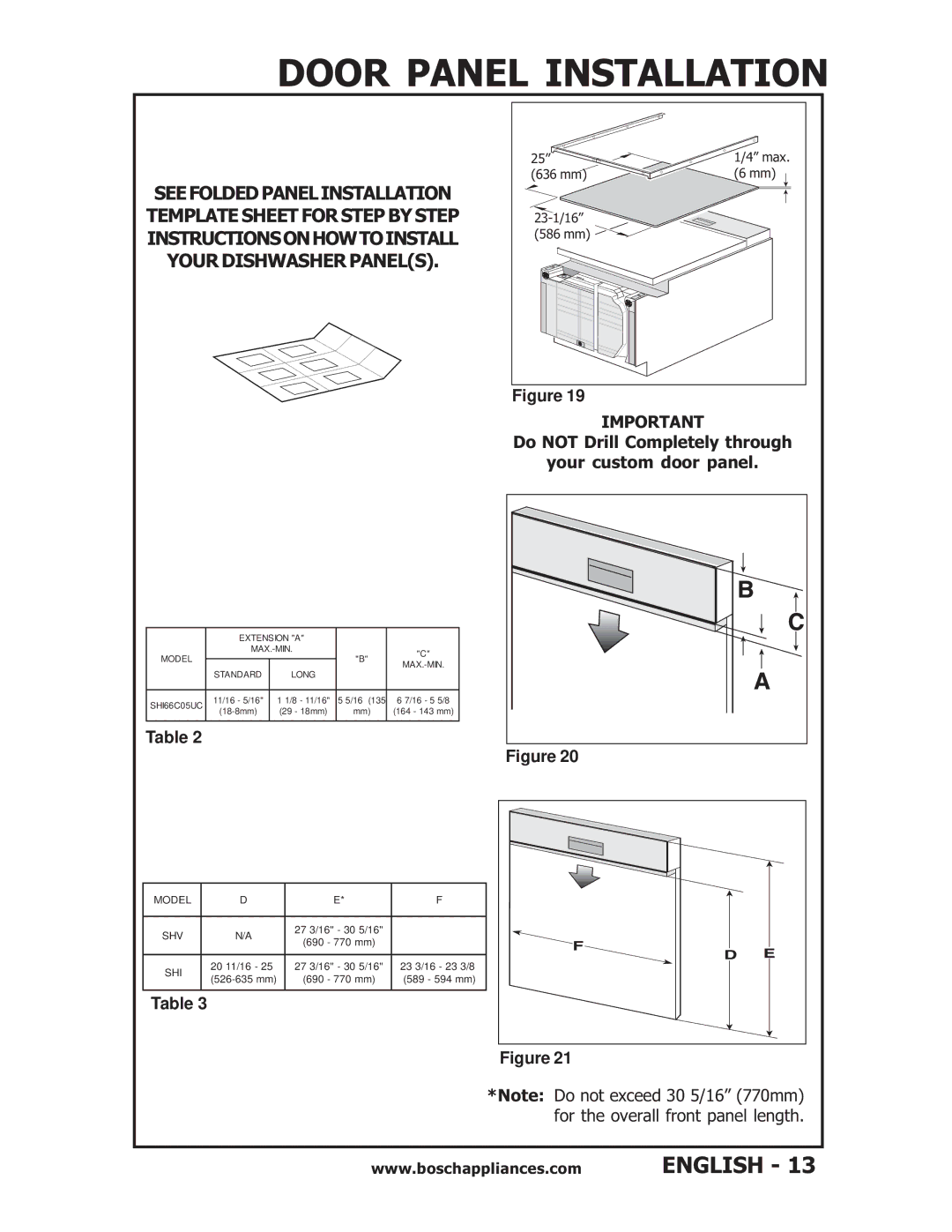 Bosch Appliances SHU43E, SHU6E, SHU53, SHV56A installation instructions Do not Drill Completely through Your custom door panel 