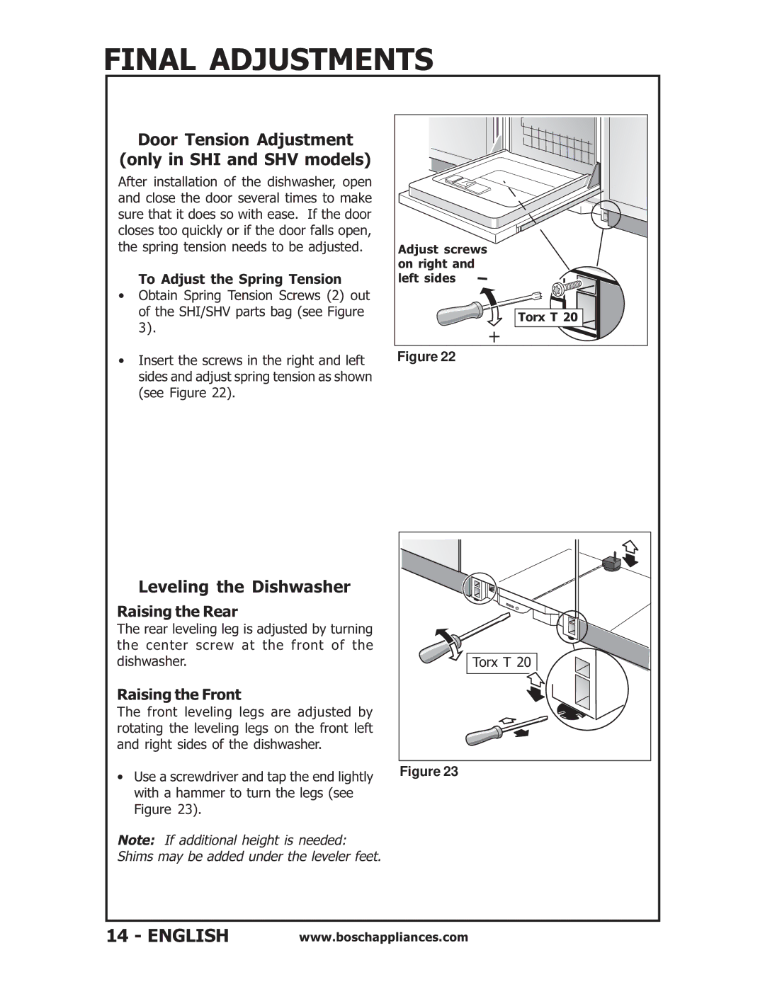 Bosch Appliances SHV56A Final Adjustments, Door Tension Adjustment Only in SHI and SHV models, Leveling the Dishwasher 