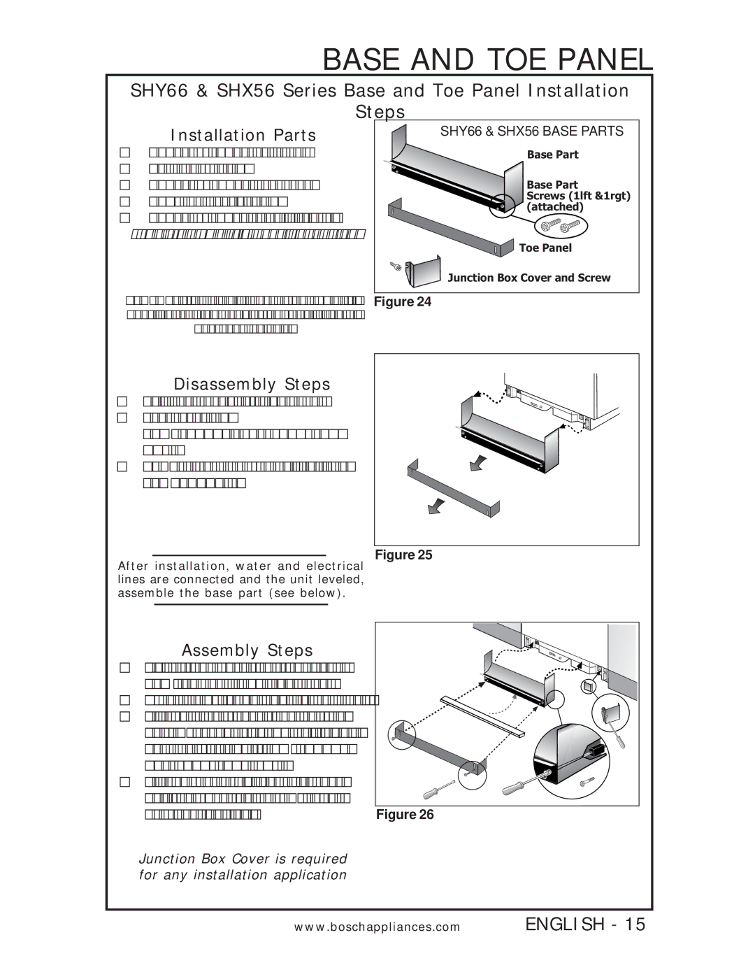 Bosch Appliances SHU6E, SHU53, SHU43E, SHV56A Base and TOE Panel, Installation Parts, Disassembly Steps, Assembly Steps 