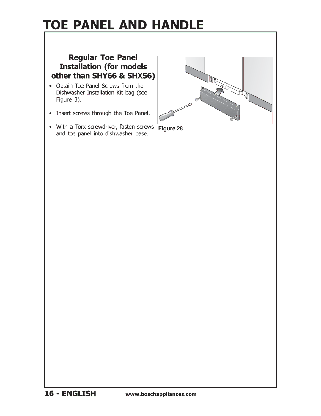 Bosch Appliances SHU53, SHU6E, SHU43E, SHV56A installation instructions TOE Panel and Handle 