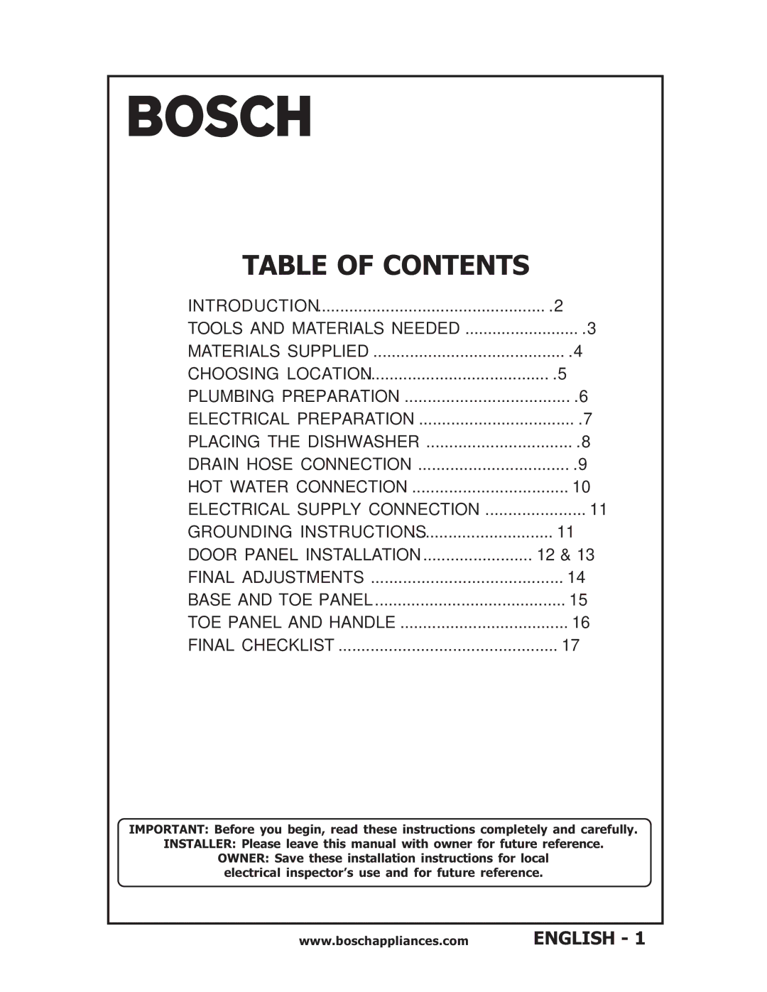 Bosch Appliances SHU43E, SHU6E, SHU53, SHV56A installation instructions Table of Contents 