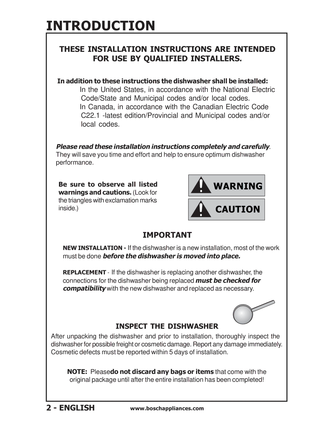 Bosch Appliances SHV56A, SHU6E, SHU53, SHU43E installation instructions Introduction, Inspect the Dishwasher 