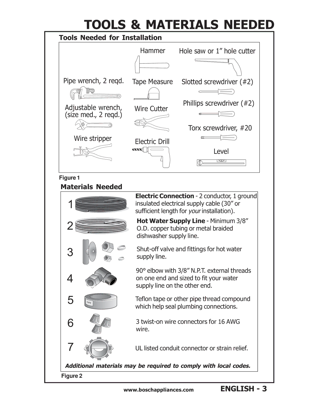 Bosch Appliances SHU6E, SHU53, SHU43E, SHV56A Tools & Materials Needed, Tools Needed for Installation 