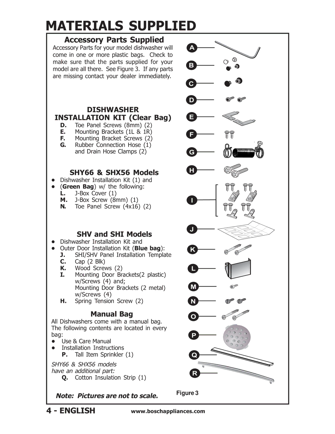 Bosch Appliances SHU53, SHU6E Materials Supplied, Installation KIT Clear Bag, SHY66 & SHX56 Models, SHV and SHI Models 