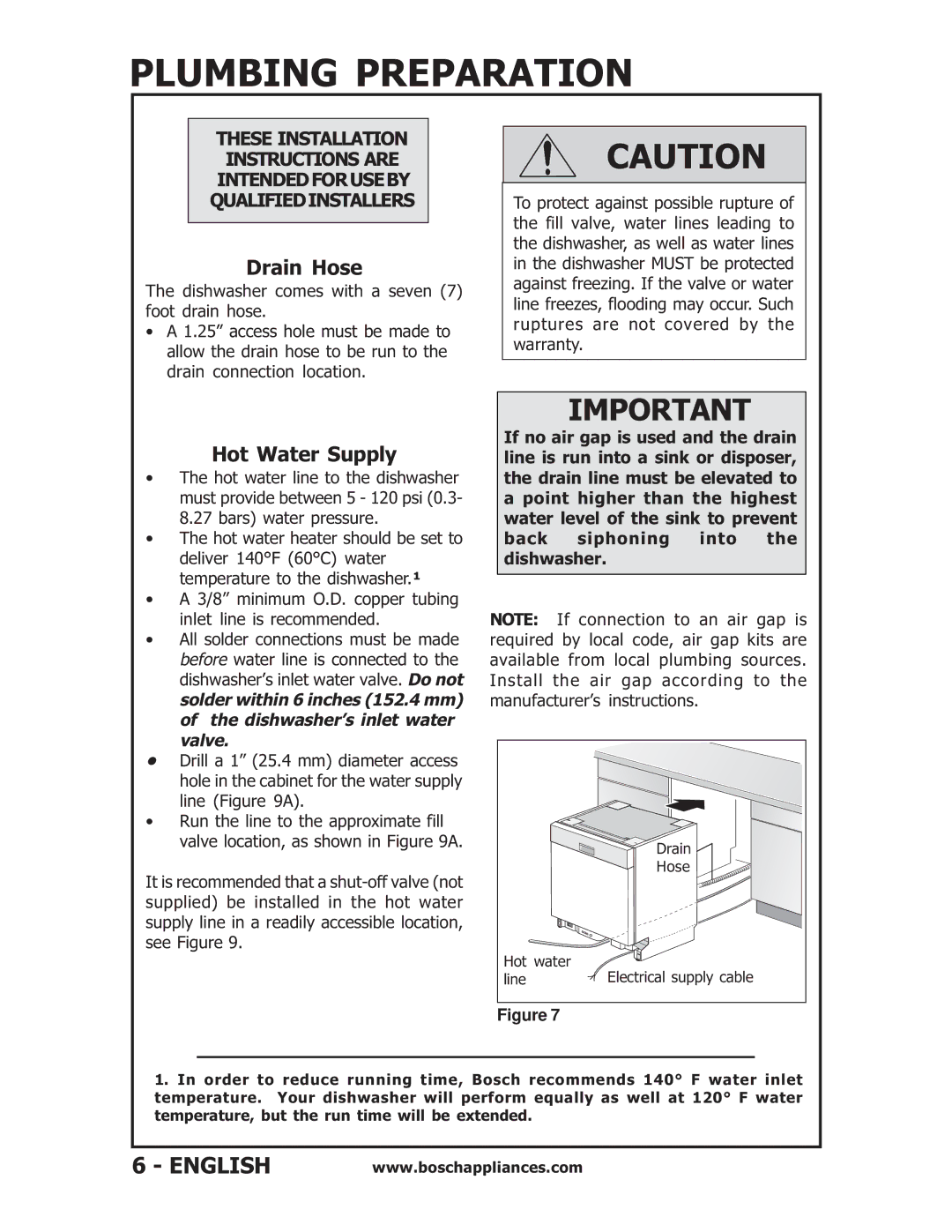 Bosch Appliances SHV56A, SHU6E, SHU53, SHU43E installation instructions Plumbing Preparation, Drain Hose, Hot Water Supply 