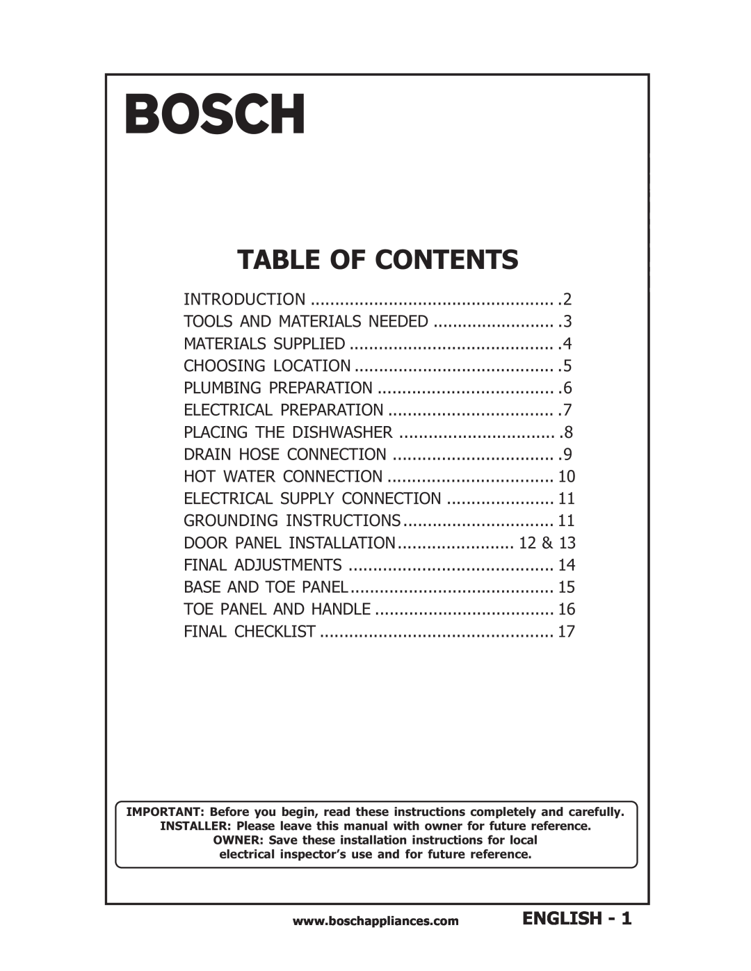Bosch Appliances SHU43E, SHU6E, SHU53, SHV56A installation instructions Table Of Contents 