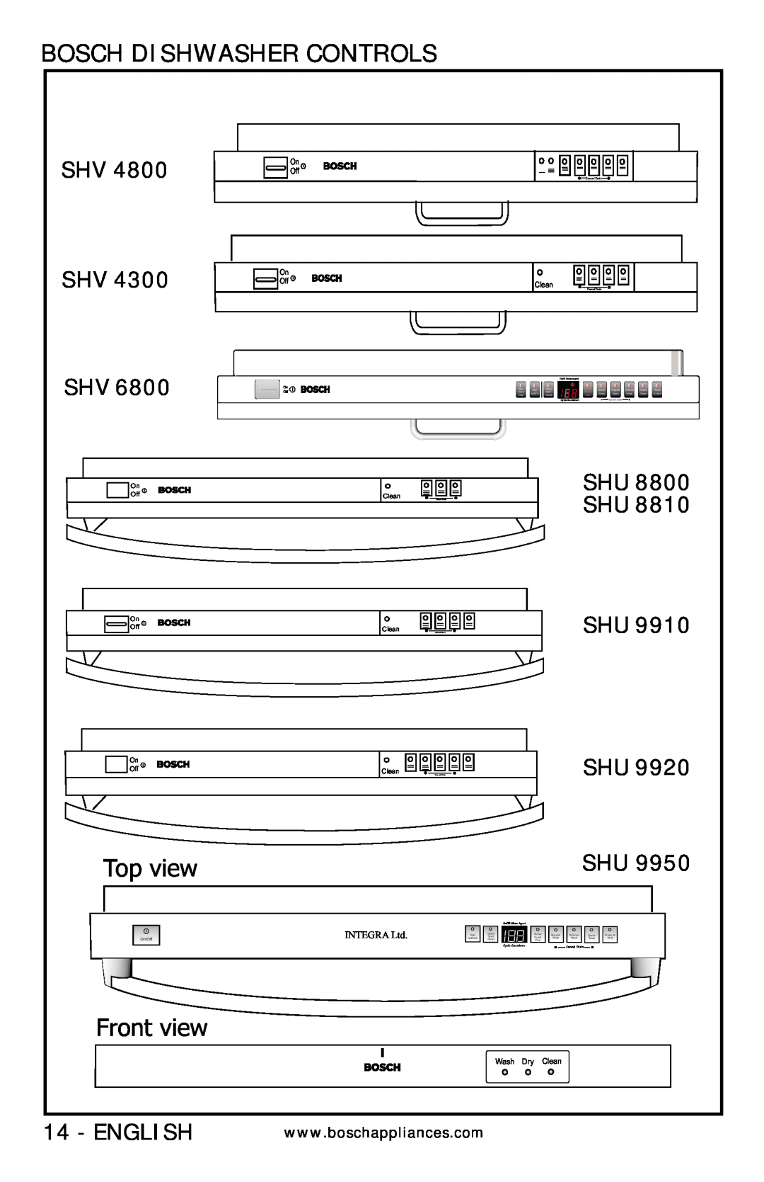 Bosch Appliances Bosch Dishwasher Controls, Shv Shv Shv, SHU 8800 SHU, Top view, Front view, On Off, Clean, Delay, Rack 