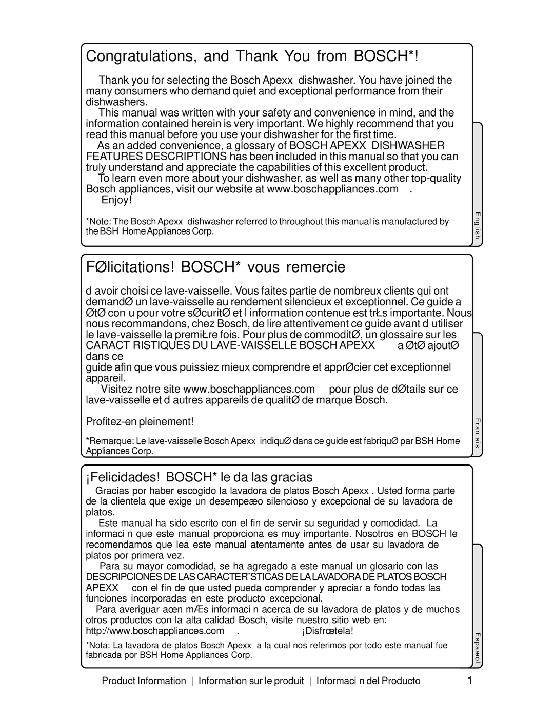 Bosch Appliances SHV99A manual Congratulations, and Thank You from Bosch 