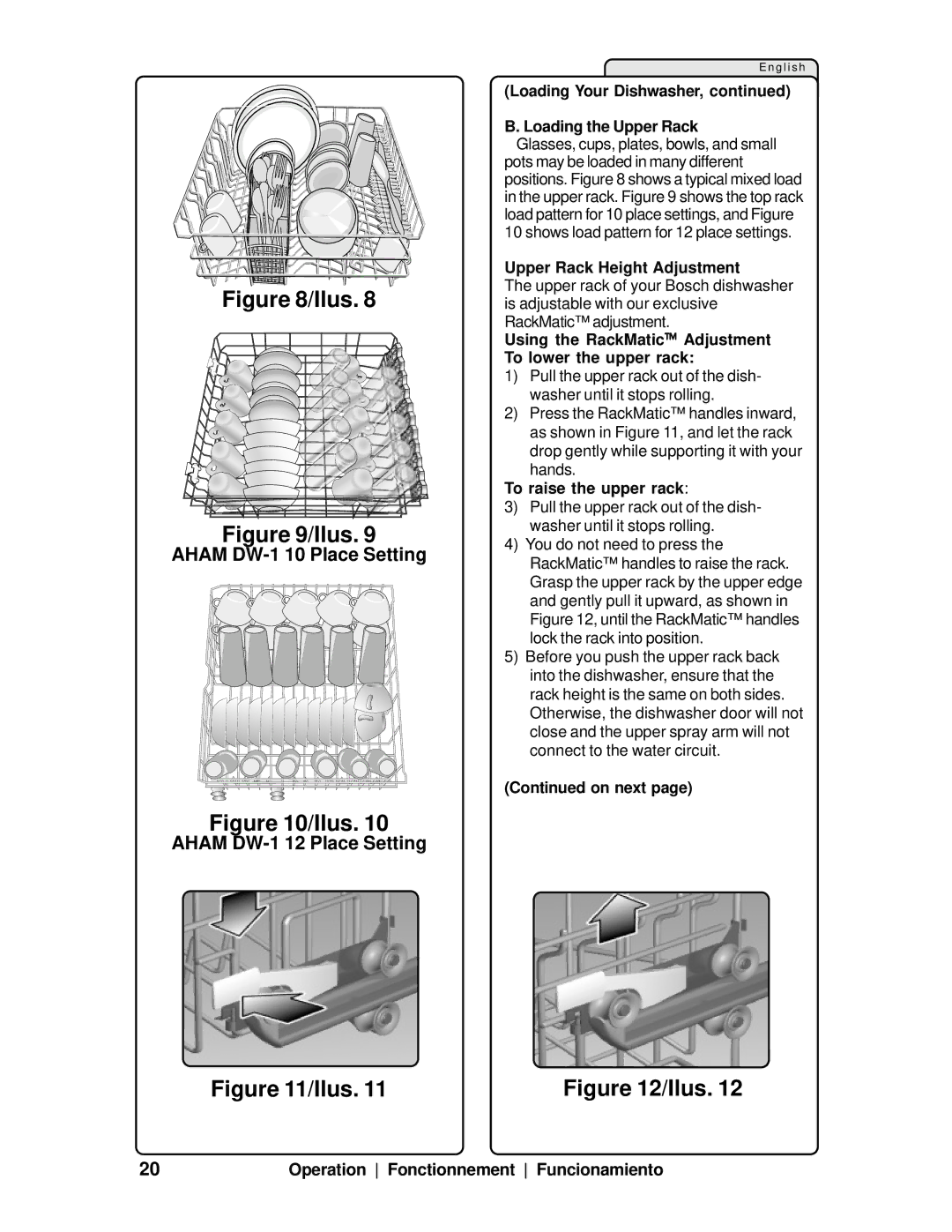 Bosch Appliances SHV99A manual Aham DW-1 10 Place Setting, Aham DW-1 12 Place Setting, Upper Rack Height Adjustment 