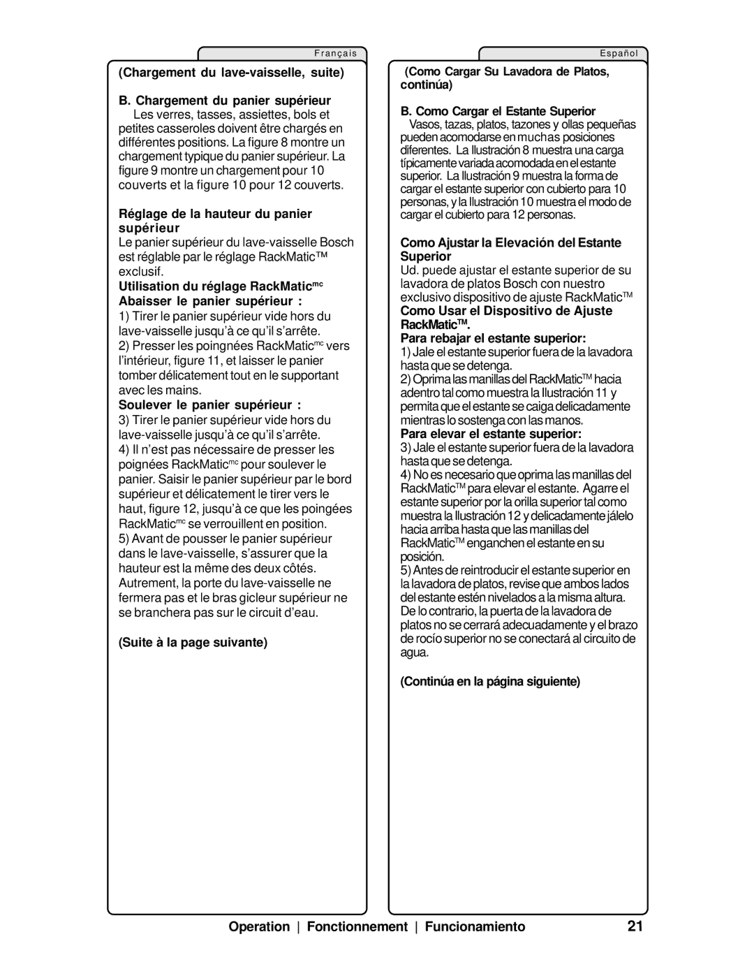 Bosch Appliances SHV99A manual Réglage de la hauteur du panier supérieur, Soulever le panier supérieur 