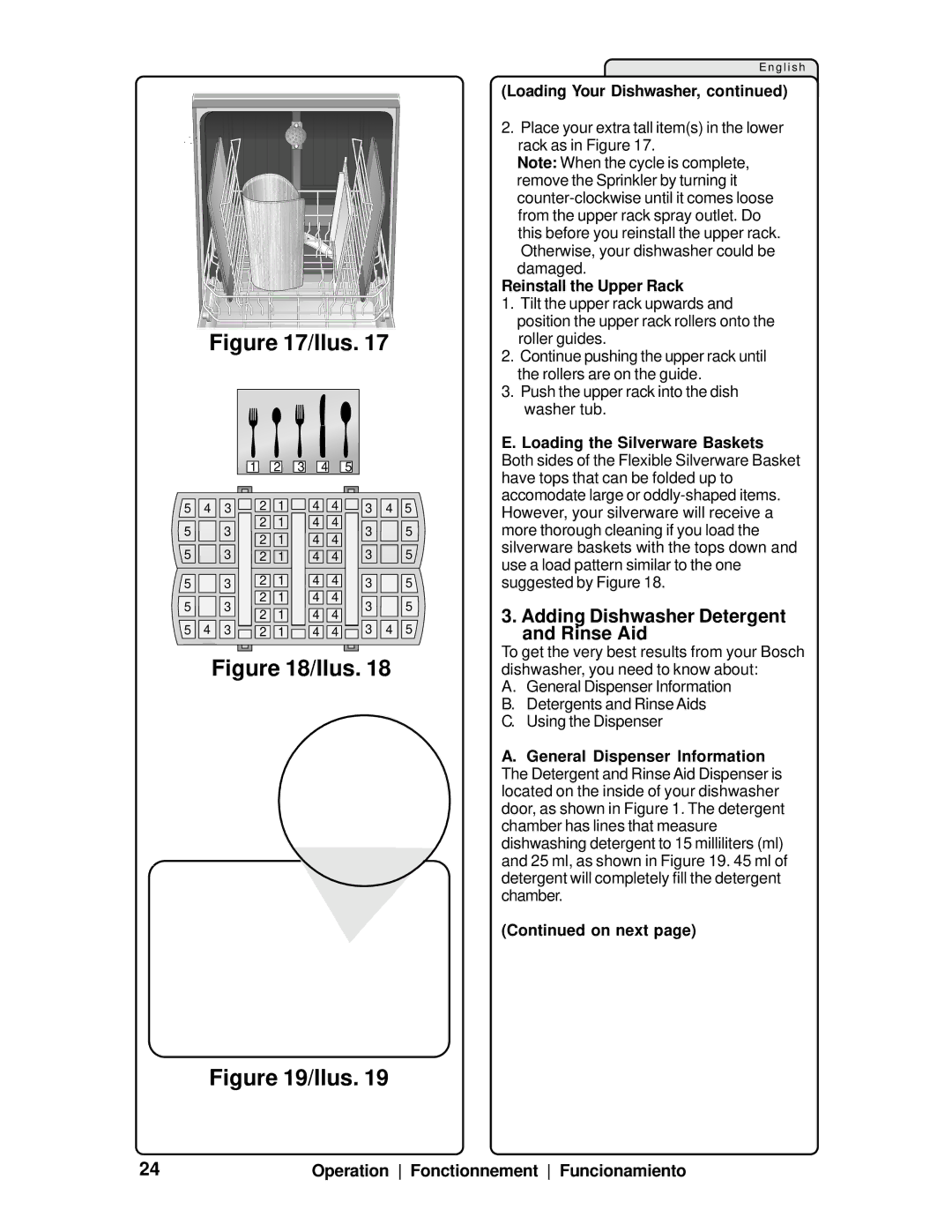 Bosch Appliances SHV99A manual Adding Dishwasher Detergent and Rinse Aid, Reinstall the Upper Rack 