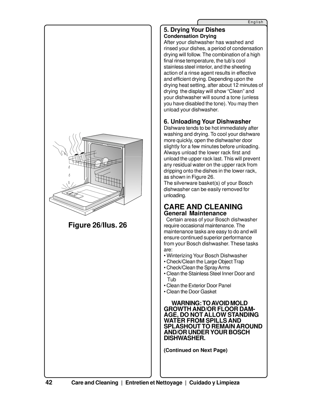 Bosch Appliances SHV99A manual Care and Cleaning, Drying Your Dishes, Unloading Your Dishwasher, General Maintenance 