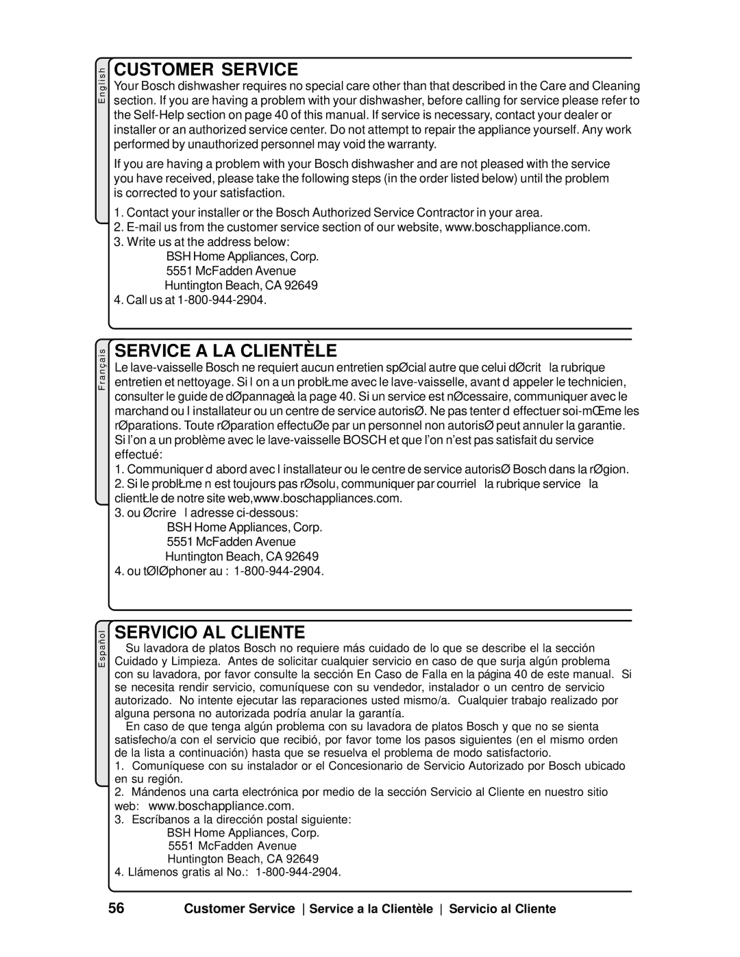 Bosch Appliances SHV99A manual Customer Service, Service a LA Clientèle, Servicio AL Cliente 