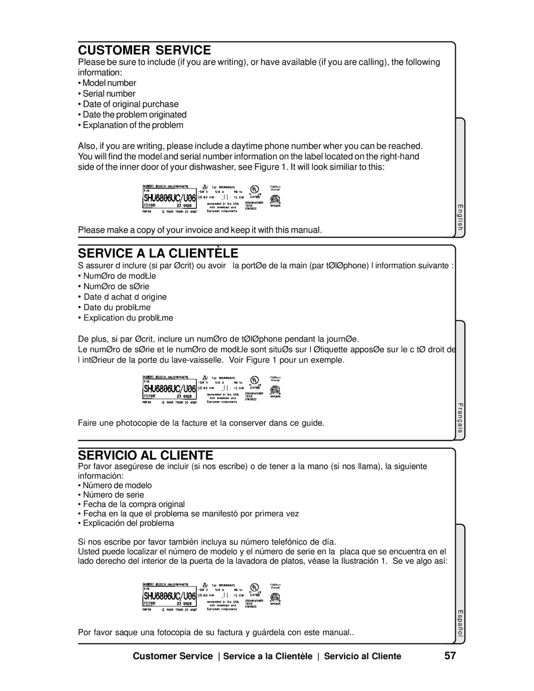 Bosch Appliances SHV99A manual Customer Service Service a la Clientèle Servicio al Cliente 