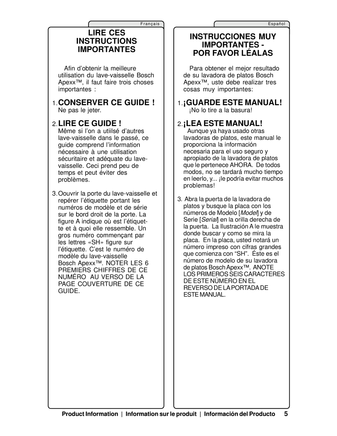 Bosch Appliances SHV99A manual Lire CES Instructions Importantes, Conserver CE Guide, Lire CE Guide, ¡GUARDE Este Manual 