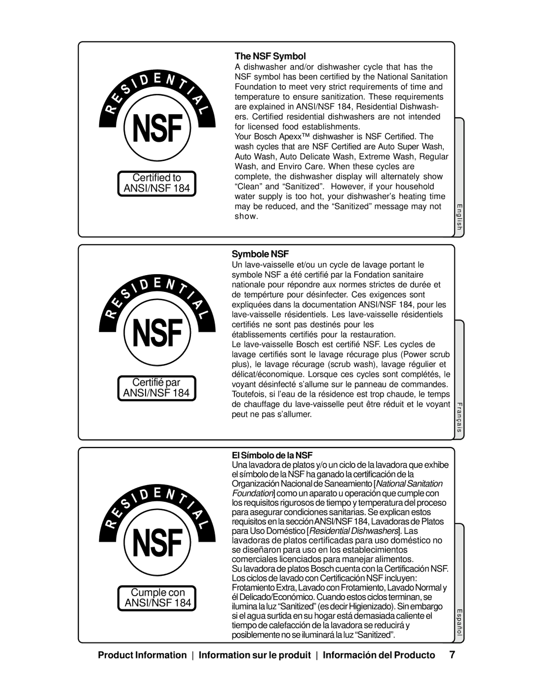 Bosch Appliances SHV99A manual NSF Symbol, Symbole NSF, El Símbolo de la NSF 