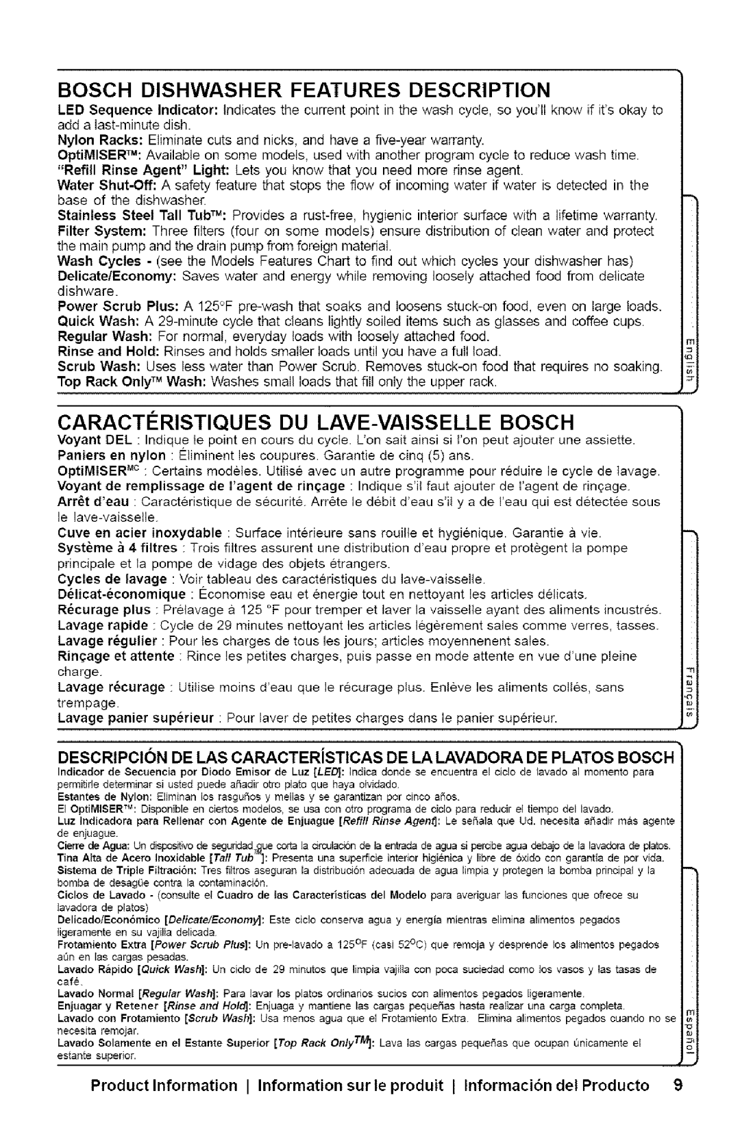 Bosch Appliances SHX33AI manual Bosch Dishwasher Features Description, Caractcristiques DU LAVE-VAISSELLEBOSCH 