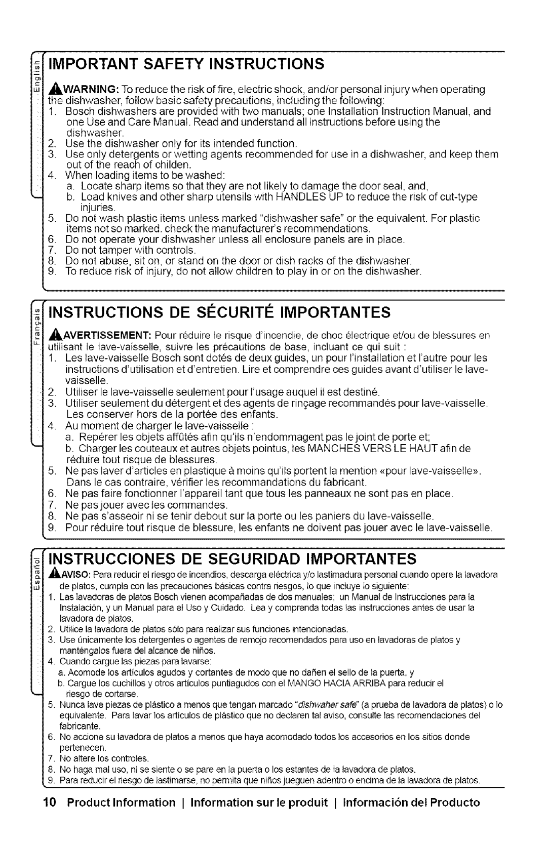 Bosch Appliances SHX33AI manual Important Safety Instructions, Instrucciones DE Seguridad Importantes 