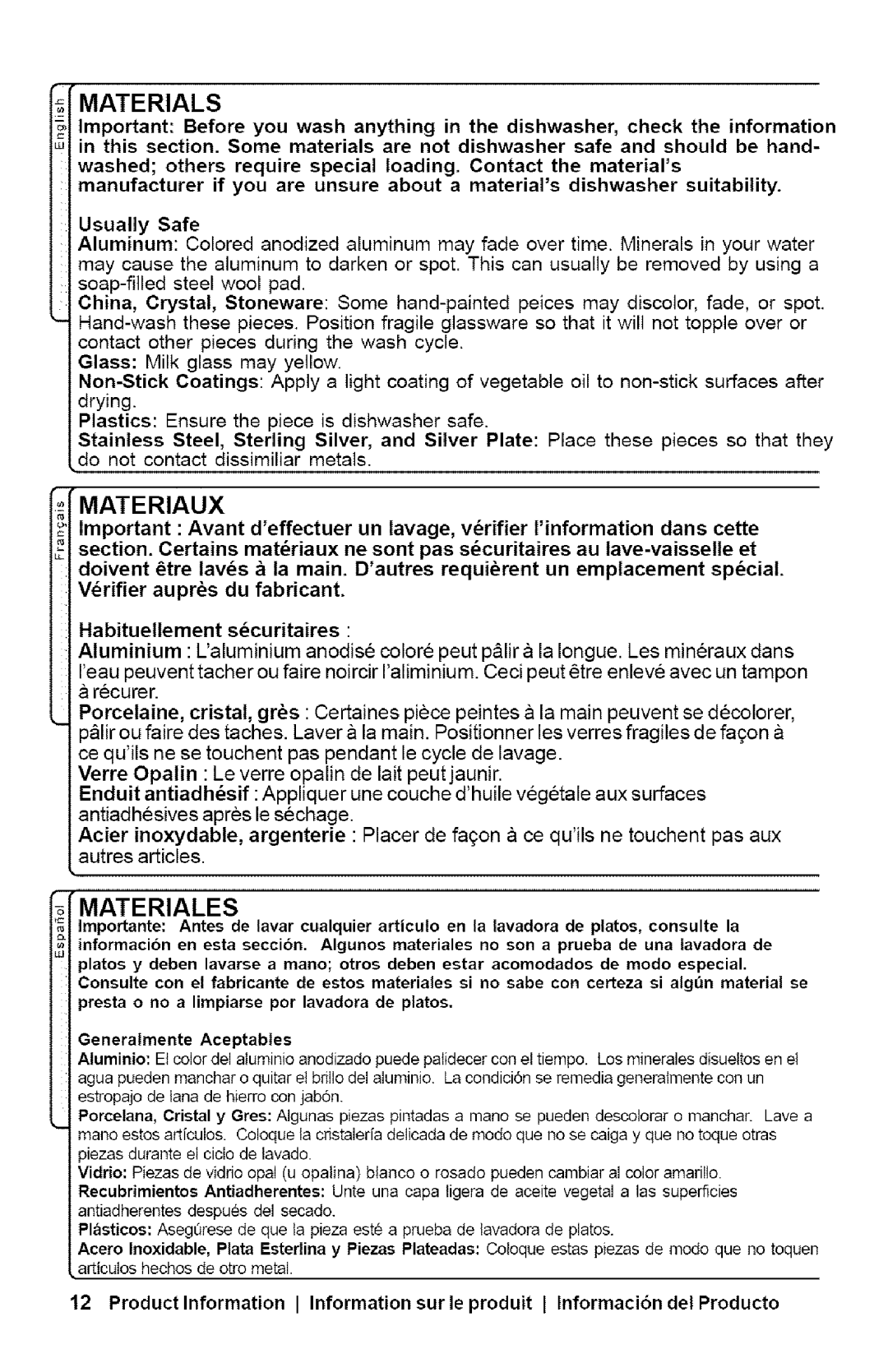 Bosch Appliances SHX33AI manual Materials, Materiaux, Materiales, Generalmente Aceptables 