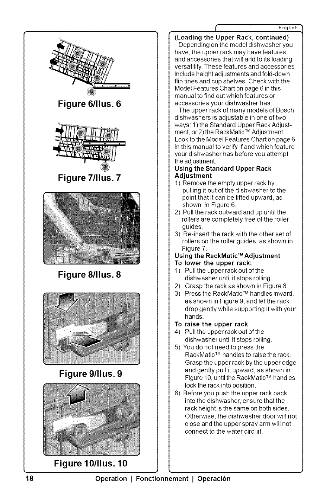 Bosch Appliances SHX33AI manual Using the RackMatic TM Adjustment To lower the upper rack, To raise the upper rack 