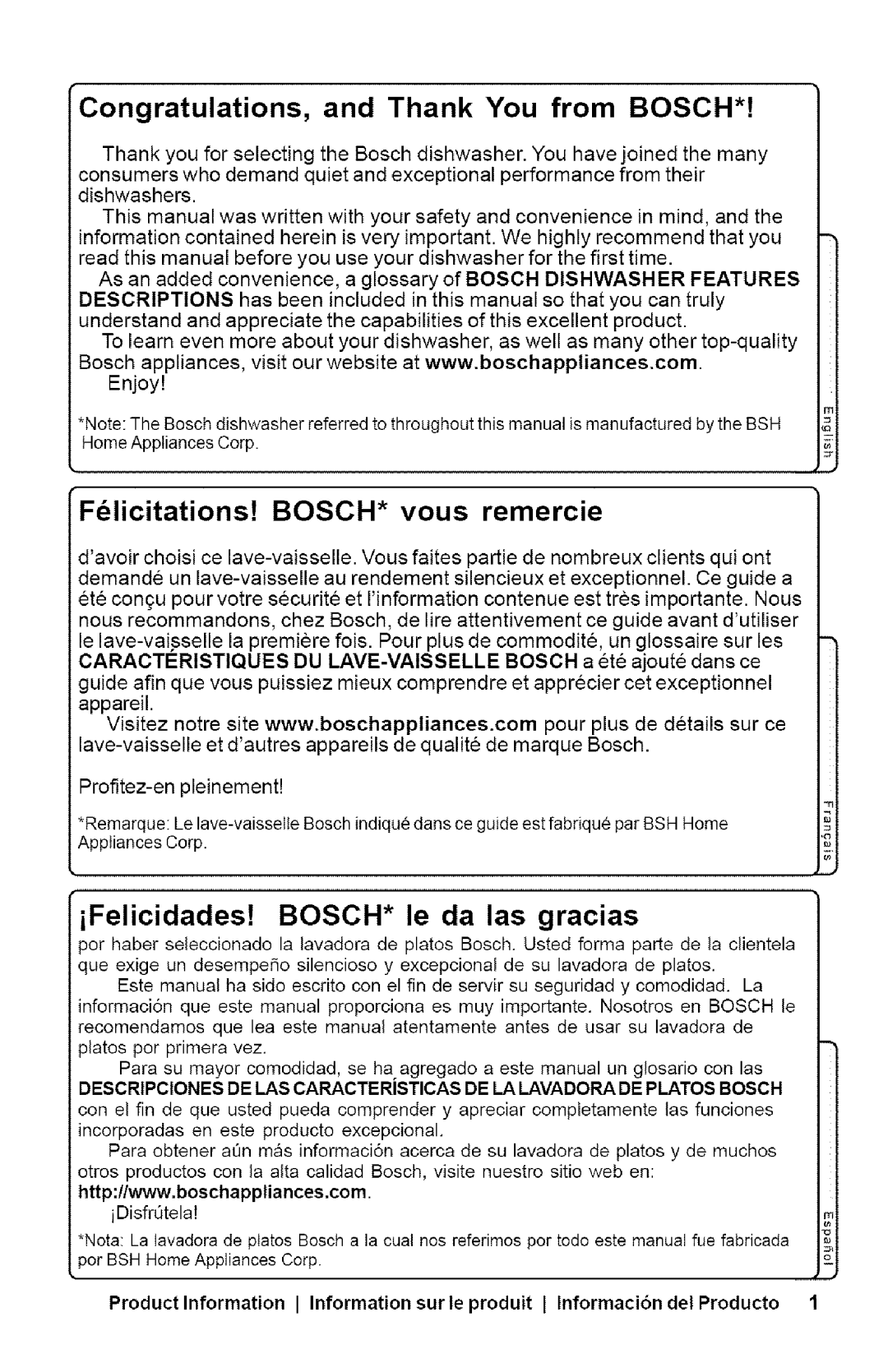 Bosch Appliances SHX33AI manual Congratulations, and Thank You from Bosch 