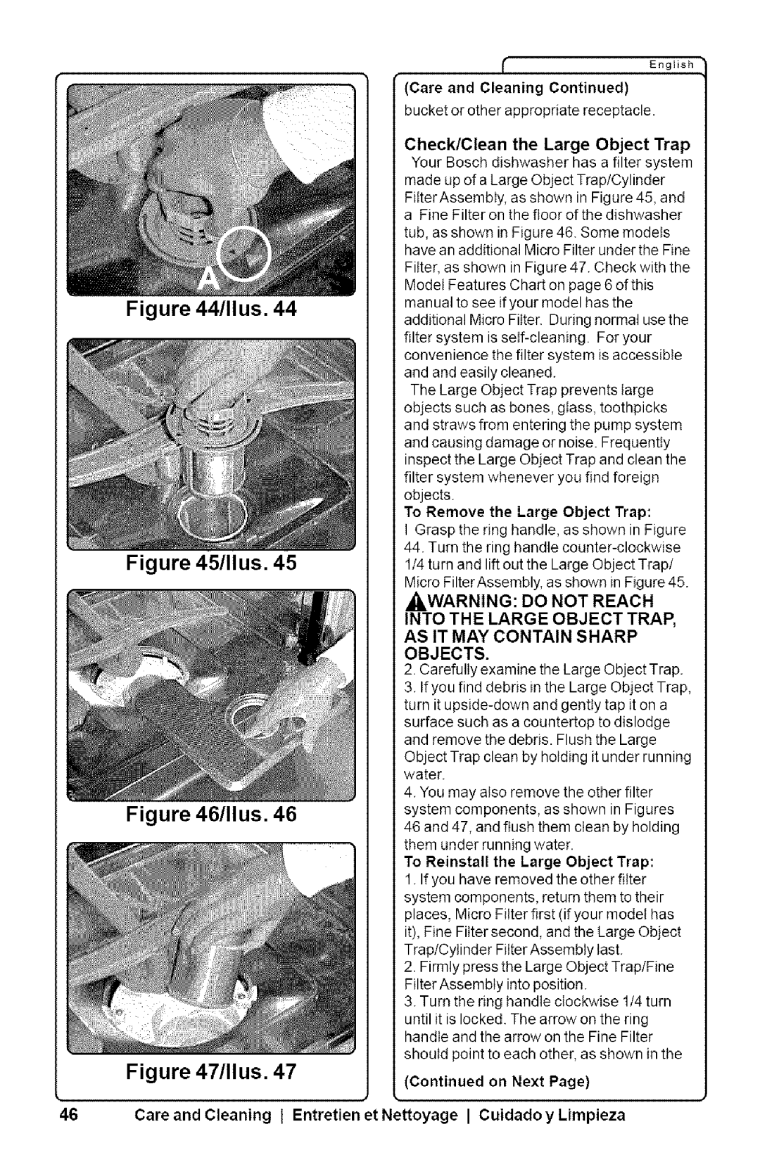 Bosch Appliances SHX33AI manual To Reinstall the Large Object Trap 