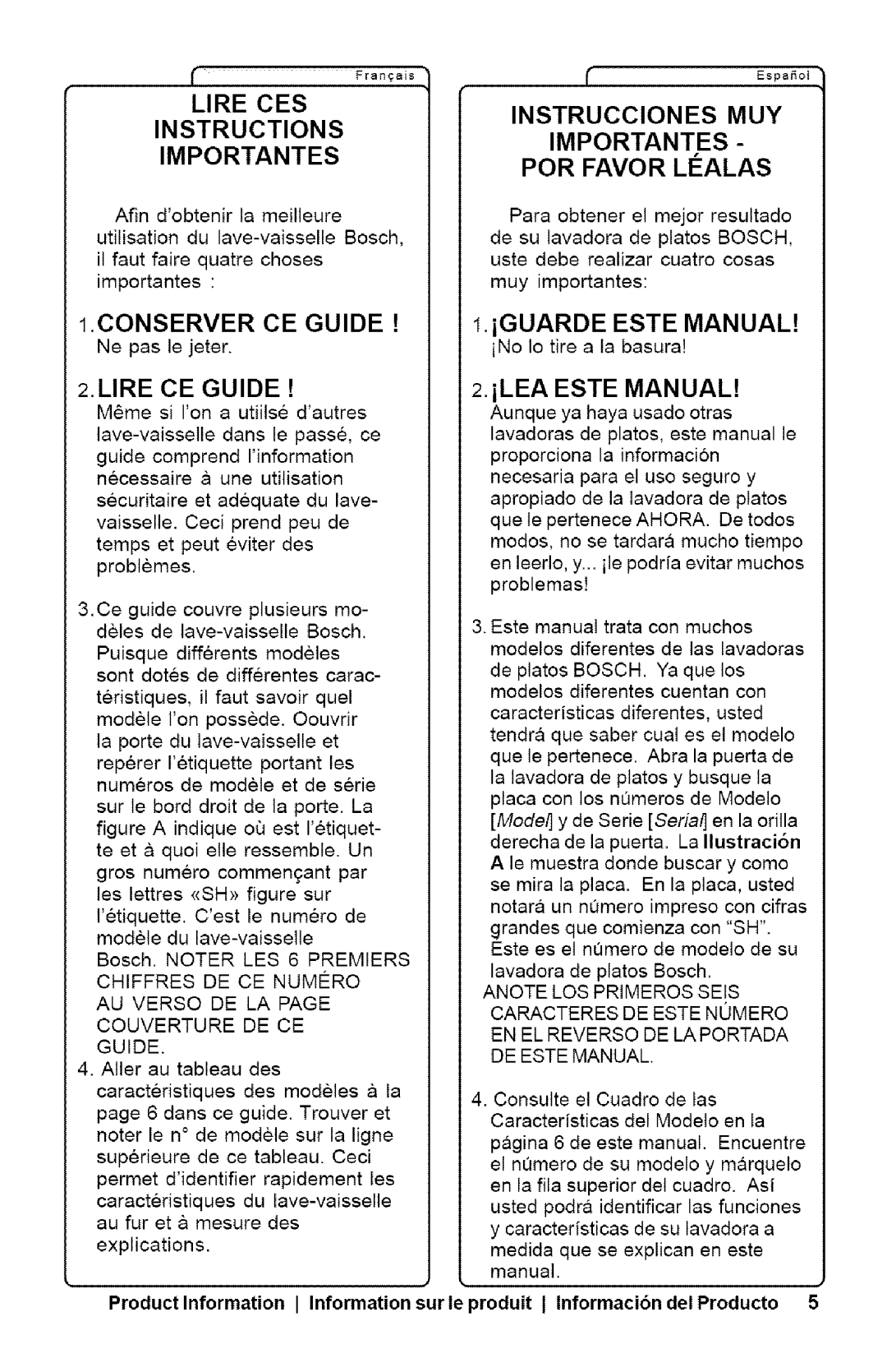 Bosch Appliances SHX33AI manual Lire CES Instructions Importantes, Conserver CE Guide, Lire CE Guide 