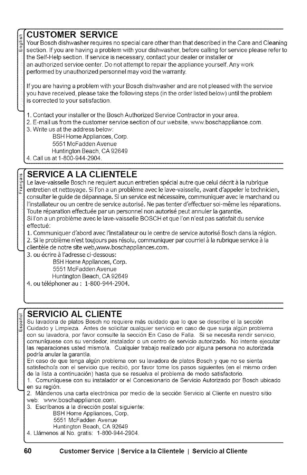 Bosch Appliances SHX33AI manual Customer Service, Service a LA Clientele, Servicio AL Cliente 