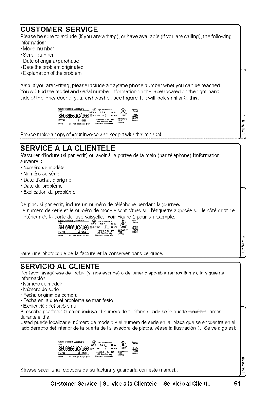 Bosch Appliances SHX33AI manual Service a LA Clientele 