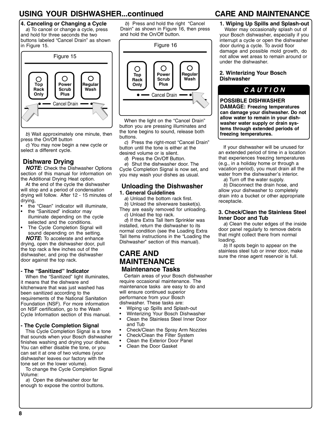 Bosch Appliances SHX36L manual Care Maintenance, Dishware Drying, Unloading the Dishwasher, Maintenance Tasks 