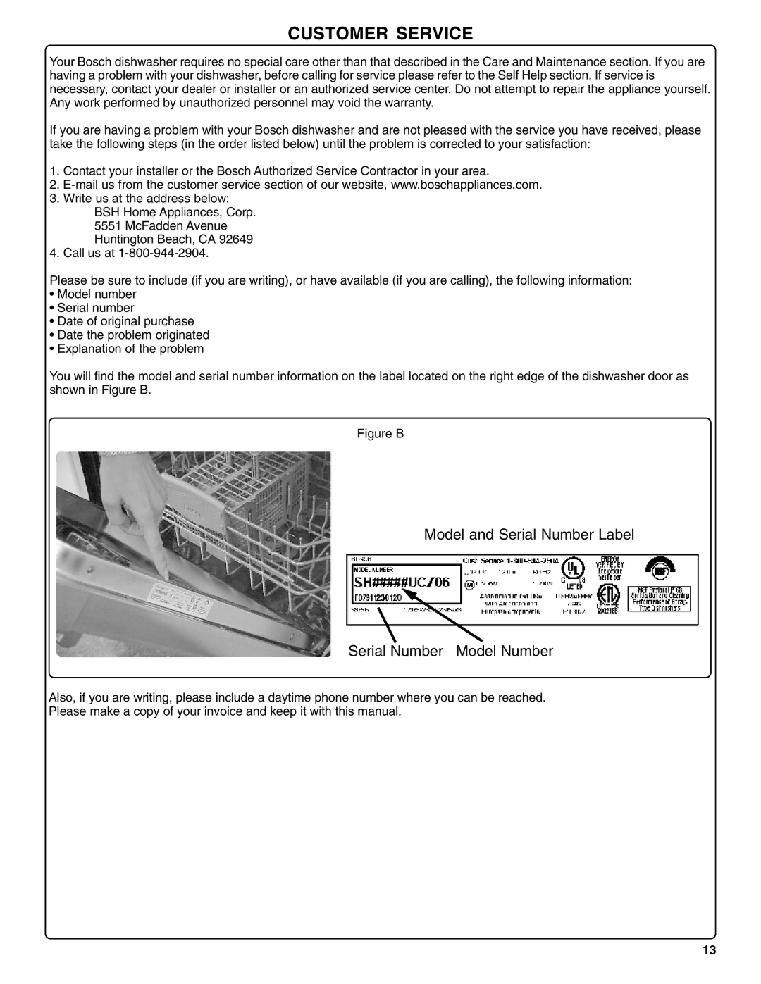 Bosch Appliances SHX36L manual Customer Service, Model and Serial Number Label Serial Number Model Number 