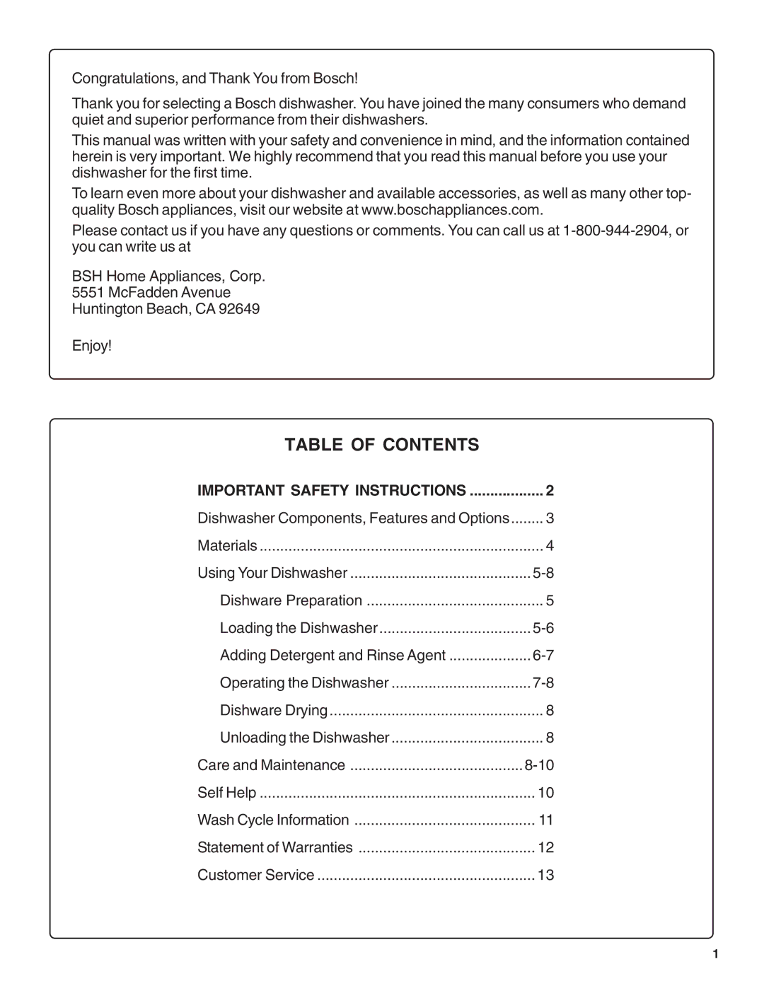 Bosch Appliances SHX36L manual Table of Contents 