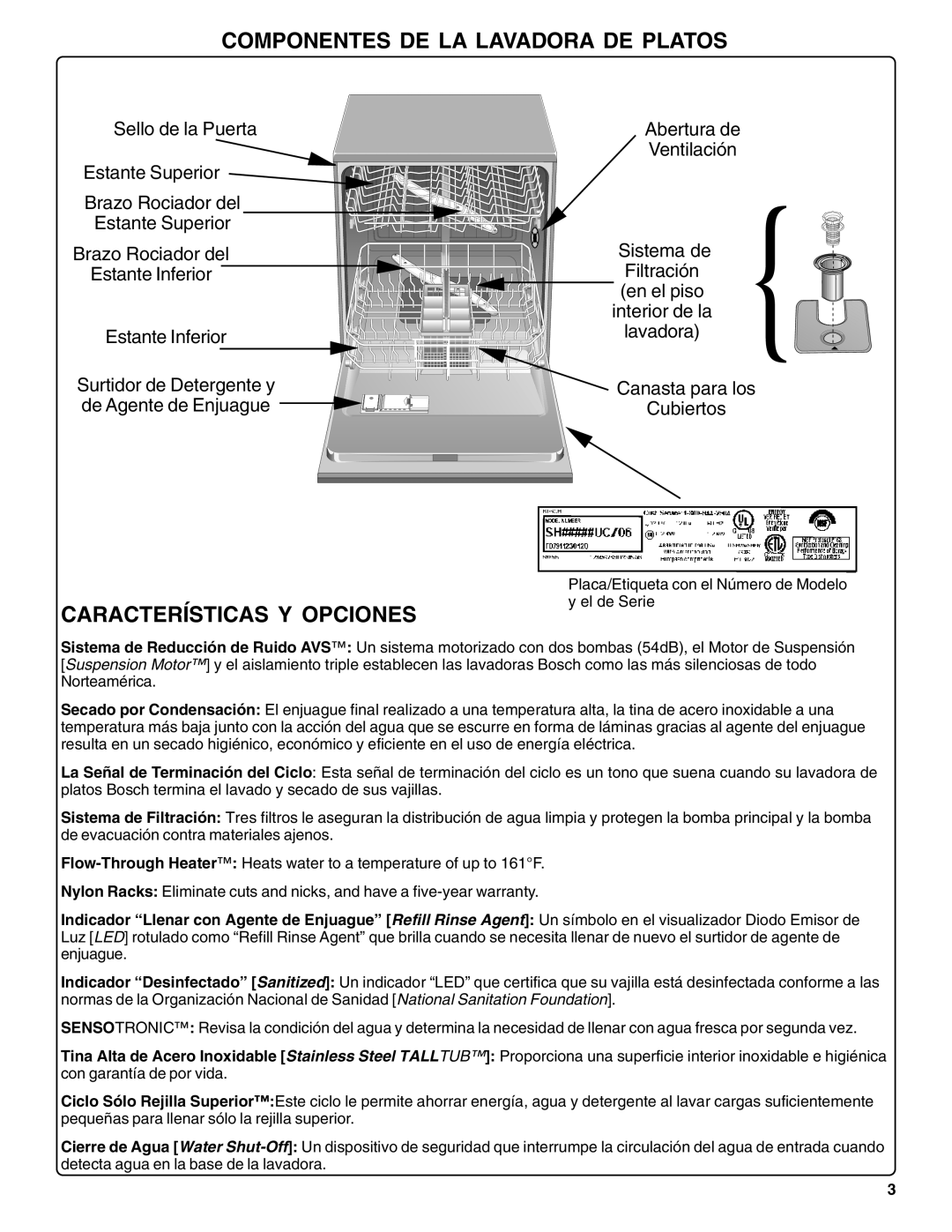 Bosch Appliances SHX36L manual Componentes DE LA Lavadora DE Platos, Características Y Opciones 