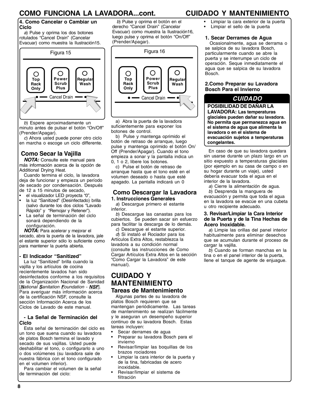 Bosch Appliances SHX36L manual Cuidado Y Mantenimiento, Como Secar la Vajilla, Como Descargar la Lavadora 