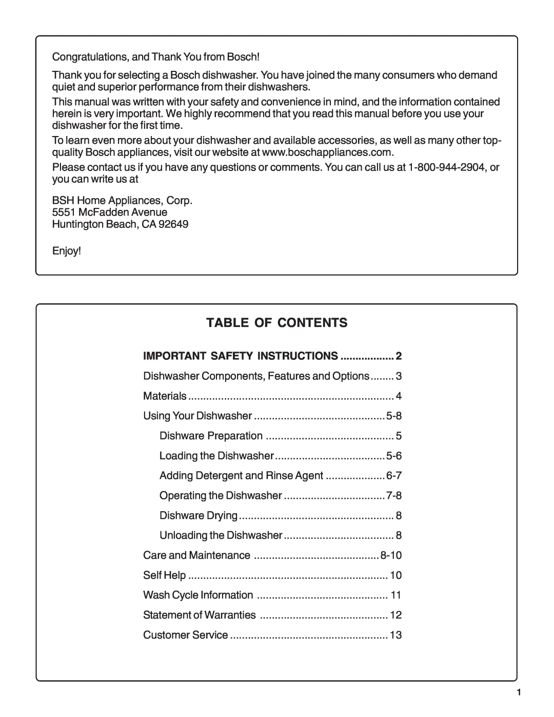 Bosch Appliances SHX36L manual Table Of Contents 