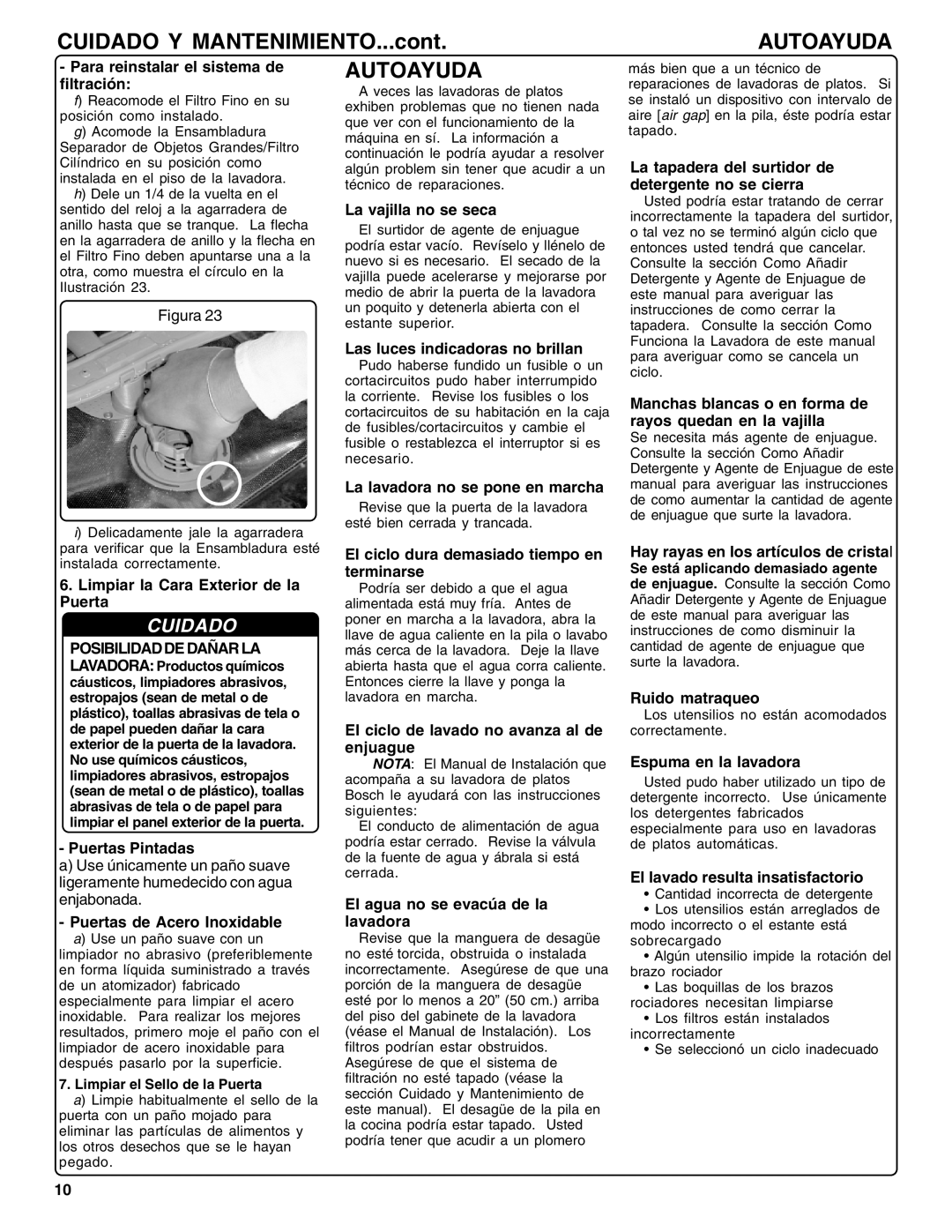 Bosch Appliances SHX36L manual CUIDADO Y MANTENIMIENTO...cont, Autoayuda, Cuidado 