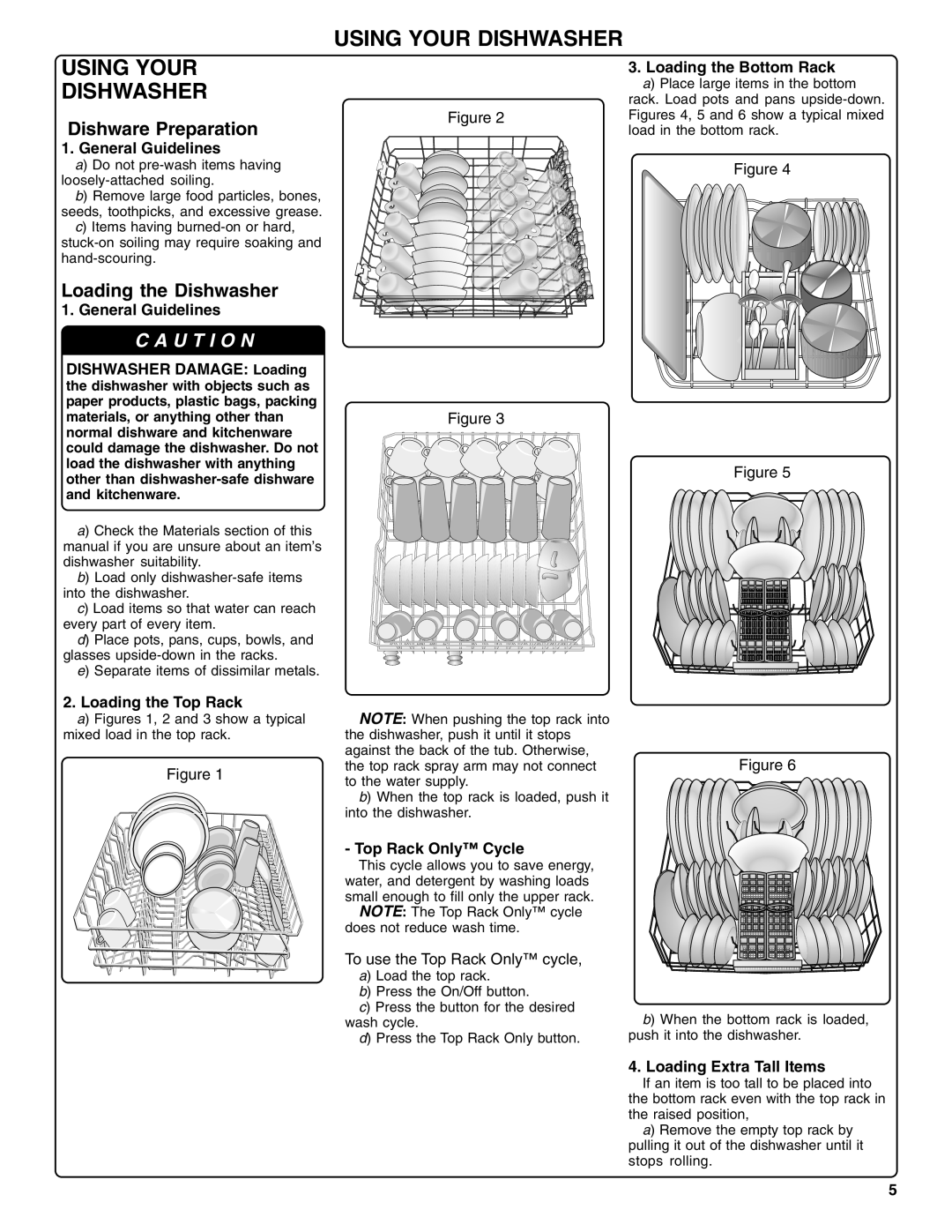 Bosch Appliances SHX36L manual C A U T I O N, Using Your, Dishwasher, Dishware Preparation, Loading the Bottom Rack, Figure 