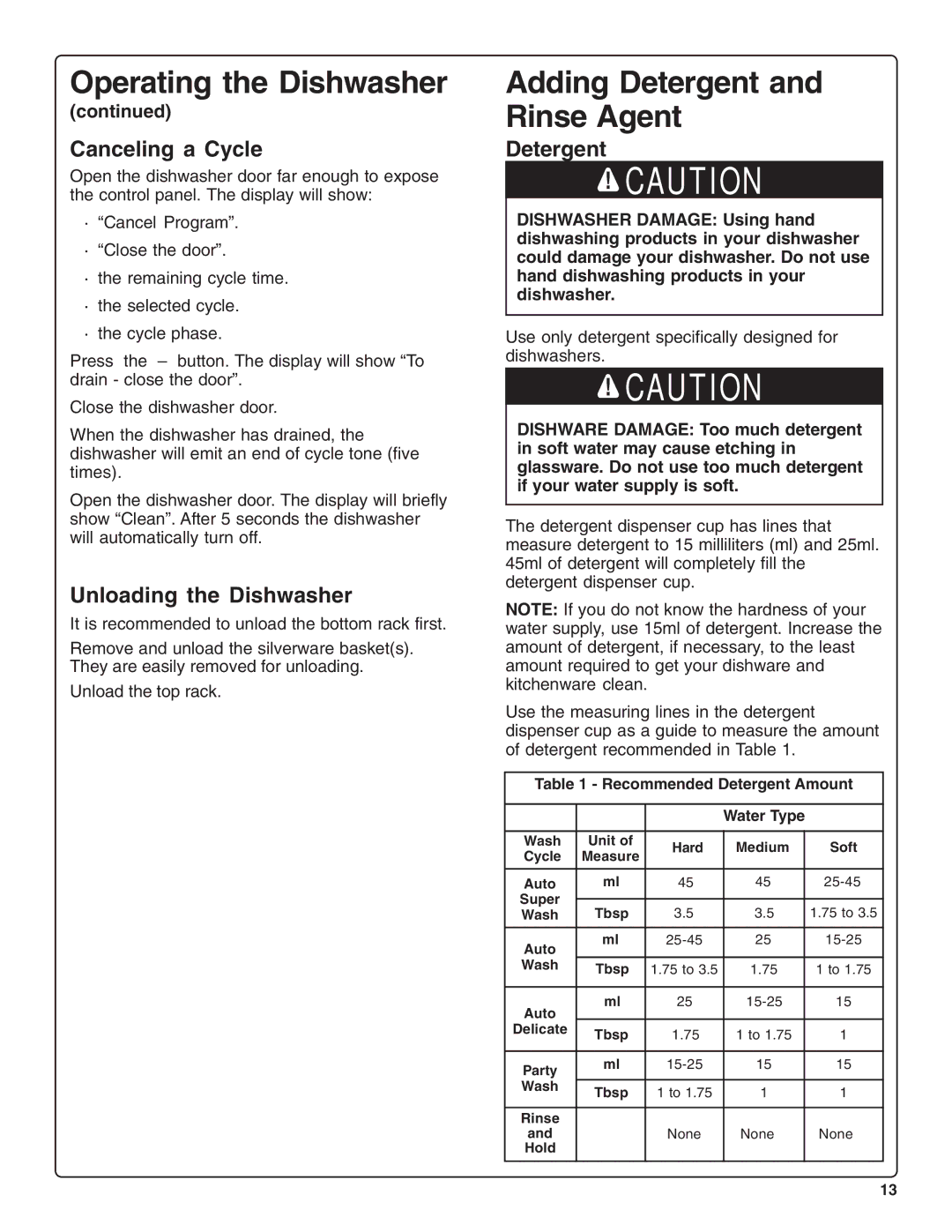 Bosch Appliances SHV99A13UC, SHX99A15UC manual Adding Detergent and Rinse Agent, Canceling a Cycle, Unloading the Dishwasher 