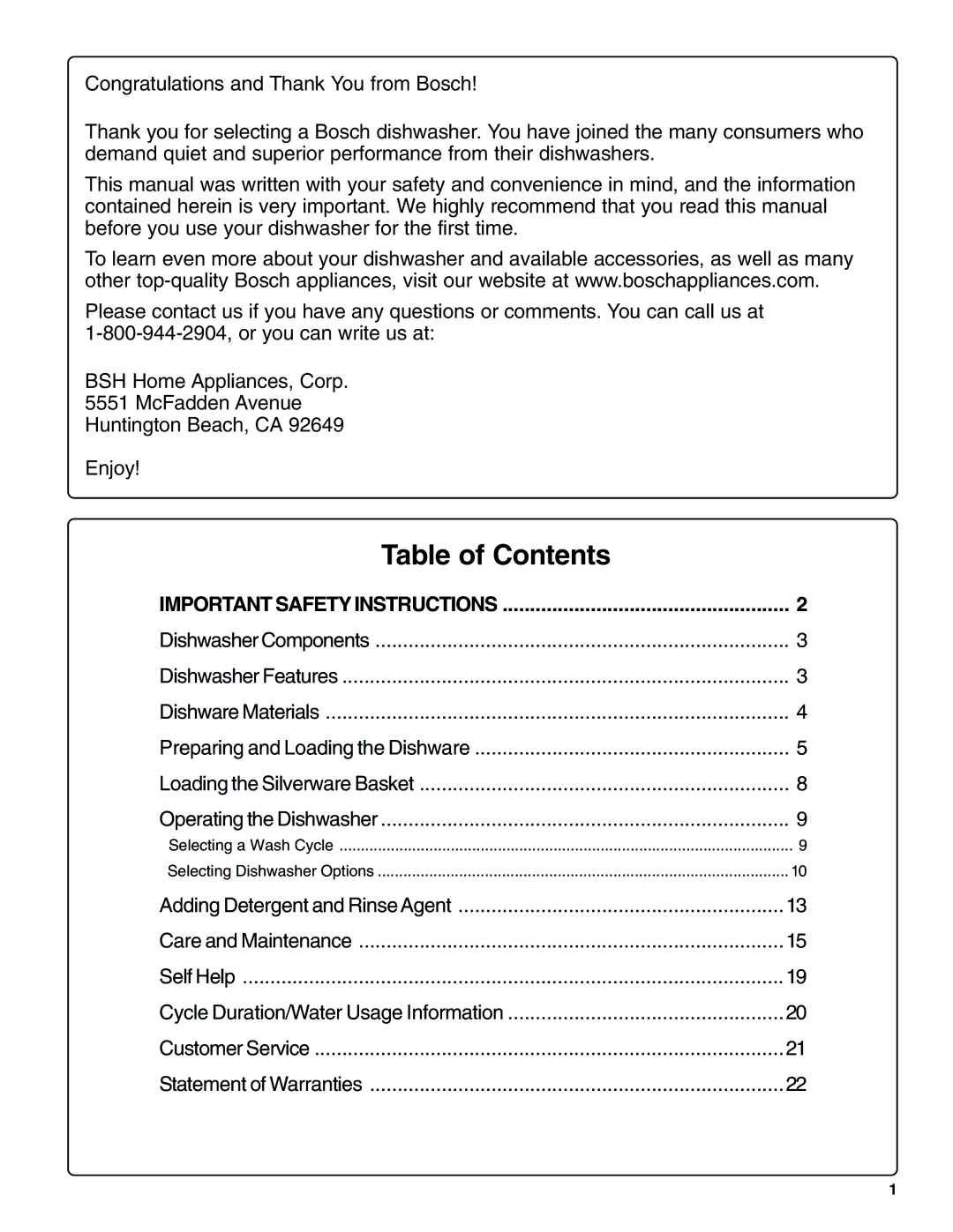 Bosch Appliances SHV99A13UC, SHX99A15UC manual Table of Contents 