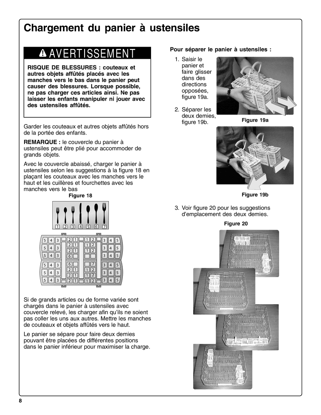 Bosch Appliances SHX99A15UC, SHV99A13UC manual Chargement du panier à ustensiles, Pour séparer le panier à ustensiles 