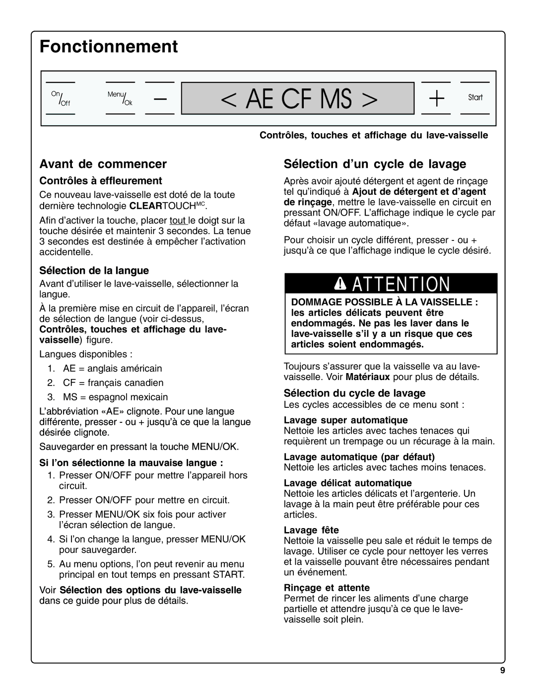 Bosch Appliances SHV99A13UC, SHX99A15UC manual Fonctionnement, Avant de commencer, Sélection d’un cycle de lavage 