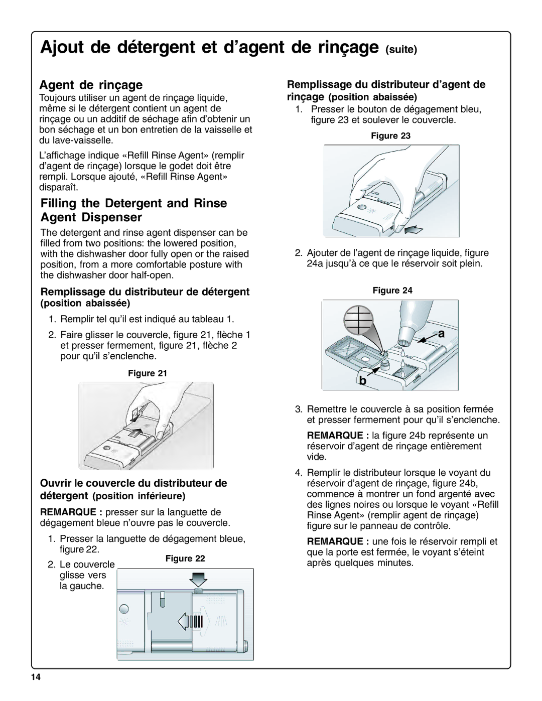 Bosch Appliances SHX99A15UC manual Ajout de détergent et d’agent de rinçage suite, Agent de rinçage, Position abaissée 