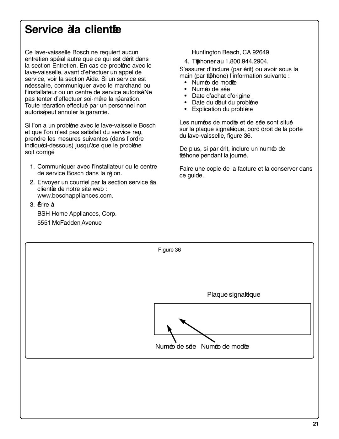 Bosch Appliances SHV99A13UC, SHX99A15UC manual Service à la clientèle 